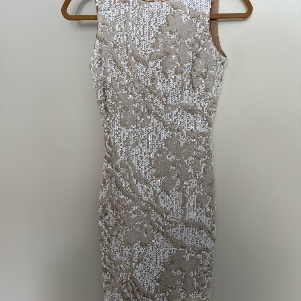 Dress the Population Beige and White Sequin Mini Dress